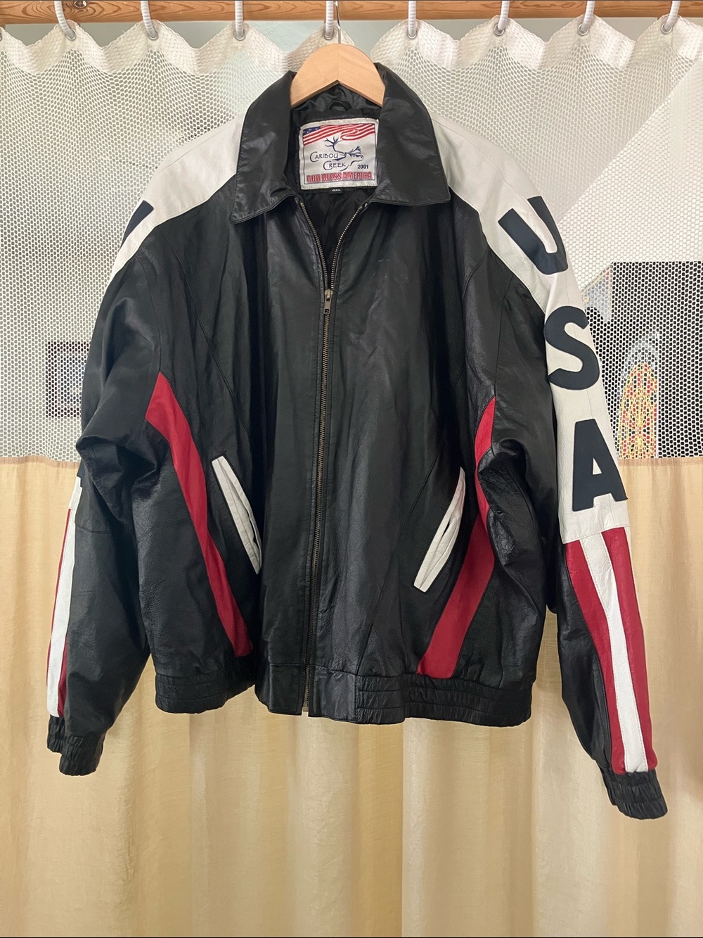 Caribou creek Vintage USA Leather Jacket - Black with White & Red Accents